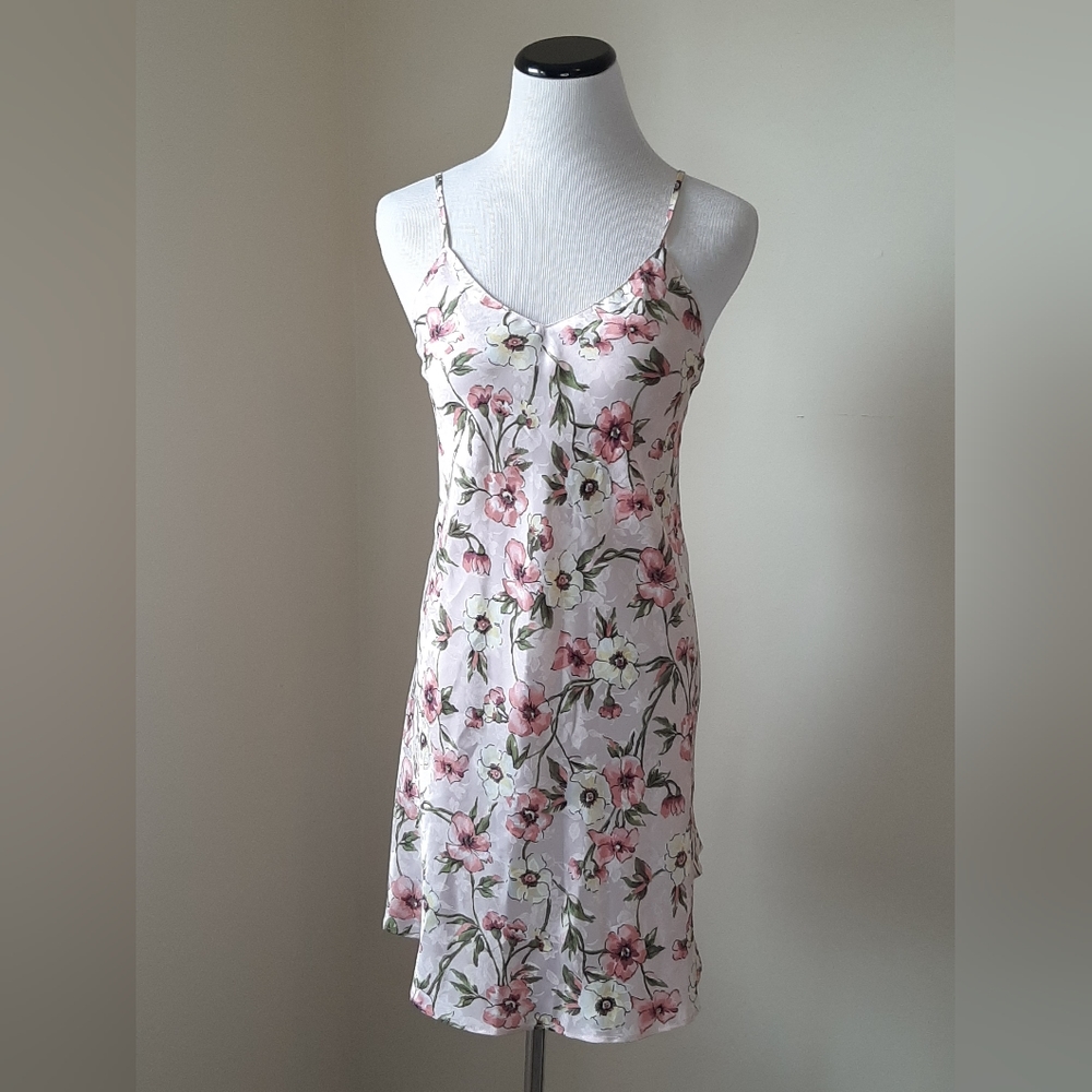 Vtg Floral Jacquard Strappy Pink Slip Lingerie Dress L